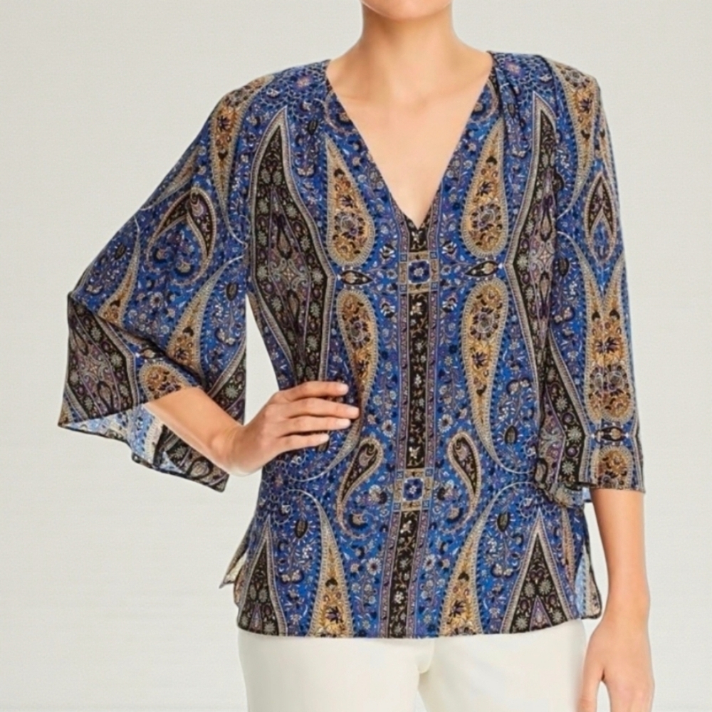 Kobi Halperin Silk Jeneva Paisley Top 3/4 Flare Sleeve Sheer Blouse Size Small